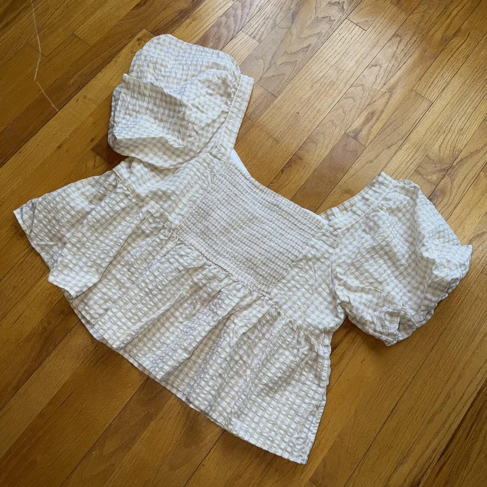 Old Navy Top 3X Beige Gingham Puff Sleeve Square Neck Peplum Cottage Boho Cotton